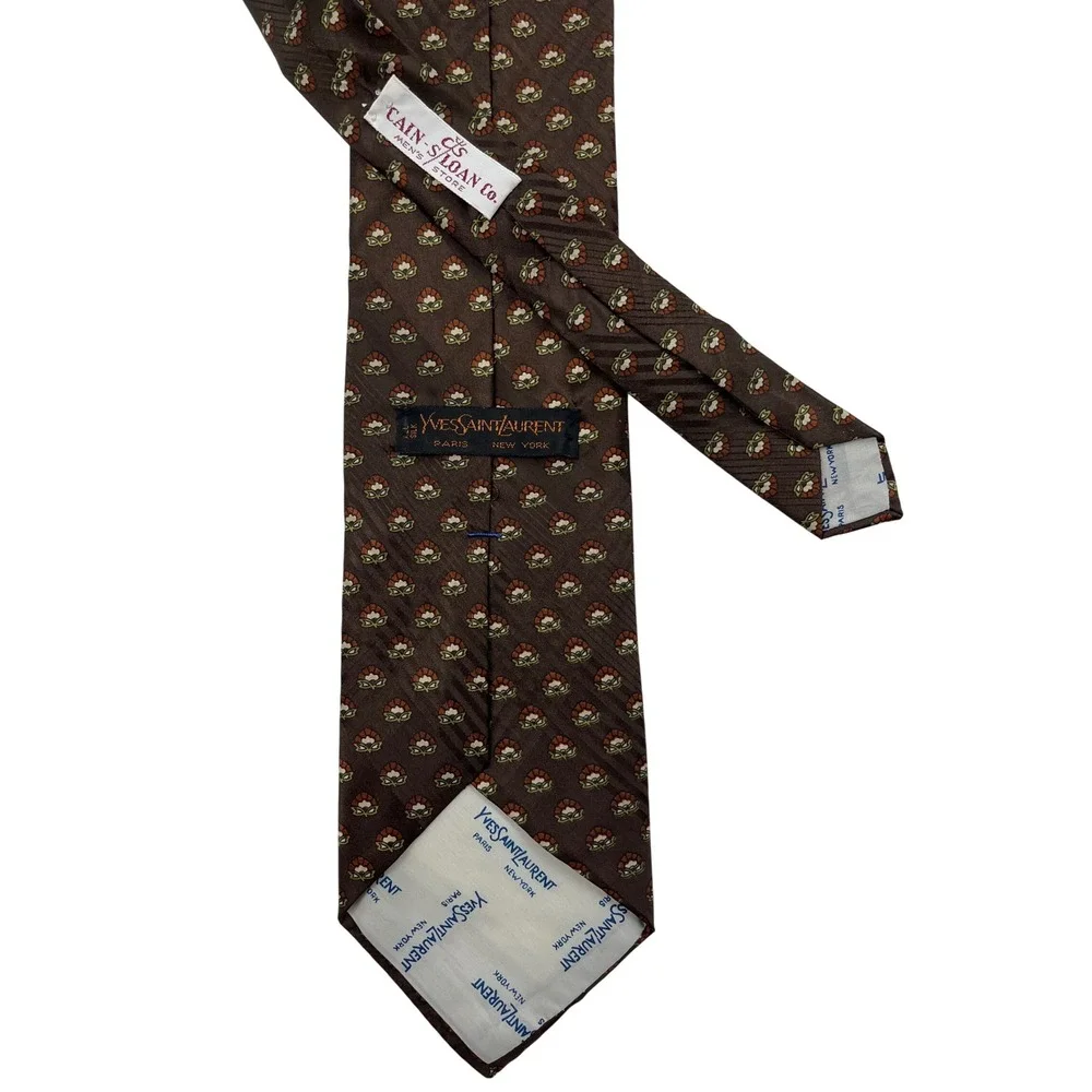 Yves Saint Laurent Vintage Silk Brown Micro Fan Floral Pattern Tie YSL 80s/90s